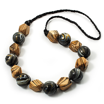 Chunky Wood Bead Cotton Cord Necklace (Light Brown & Black) - 68cm Length