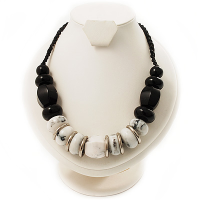 Stylish Chunky Polished Wood and Resin Bead Cotton Cord Necklace (Black & White) - 44cm L
