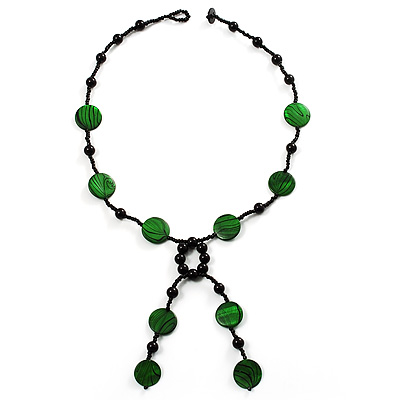 Glass & Shell Bead Tassel Necklace (Bright Green & Black)