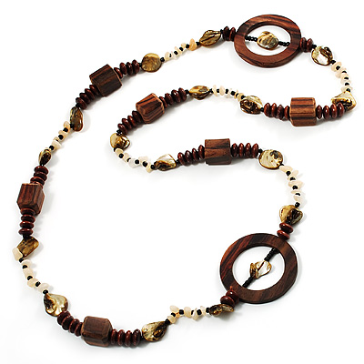 Long Wood, Shell & Glass Bead Necklace - 108cm Length