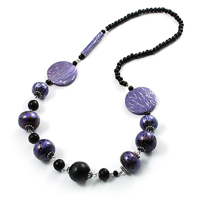 Stylish Animal Print Wooden Bead Necklace (Purple, Black & Metallic Silver) - main view