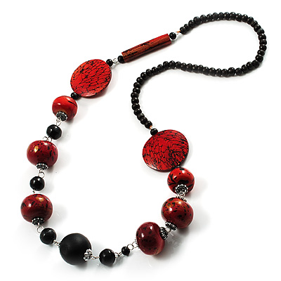 Stylish Animal Print Wooden Bead Necklace (Black & Red) - 80cm Long