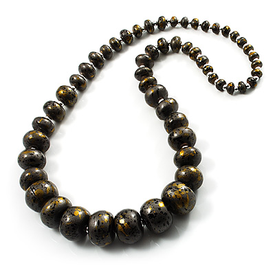 Long Graduated Wooden Bead Colour Fusion Necklace (Grey,Black& Golden) - 74cm L