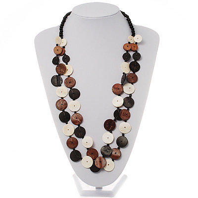 2 Strand Long Wood and Plastic Bead Necklace (Dark Brown & Cream) - main view