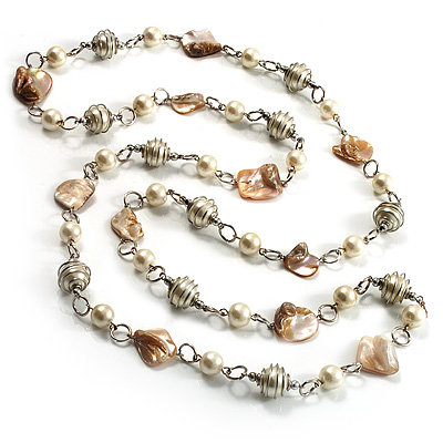 Long Shell Composite & Imitation Pearl Bead Silver Tone Necklace (120cm)