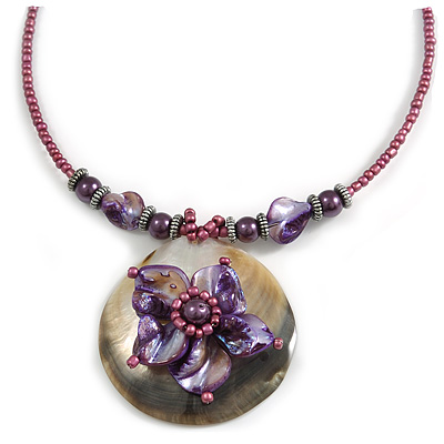 Purple & Magenta Glass, Shell & Mother of Pearl Floral Choker Necklace (Silver Tone)