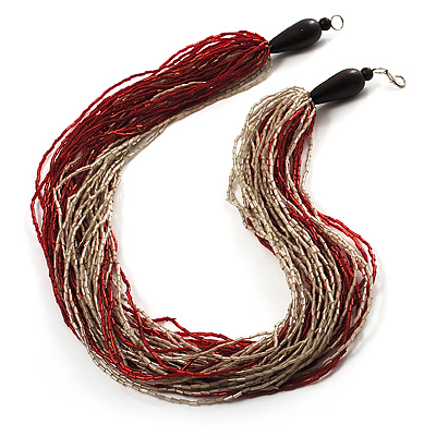Chunky Multi-Strand Glass Bead Wood Necklace (Bright Red & Transparent/ White) - 58cm L