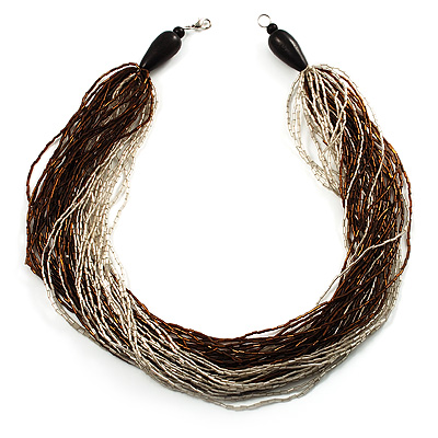 Chunky Multi-Strand Glass Bead Wood Necklace (Brown & Transparent/ White) - 58cm L - main view