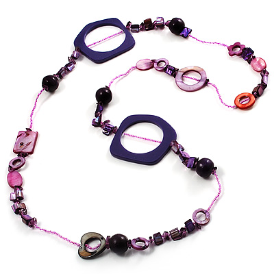 Purple Shell & Wood Bead Long Necklace - 90cm Length