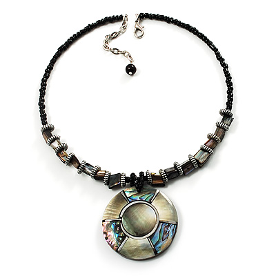 Jet Black Glass, Shell & Mother of Pearl Medallion Choker Necklace (Silver Tone)