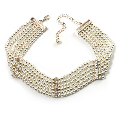 6-Strand White Faux Pearl Bridal Diamante Choker Necklace in Silver Plated Metal - 30cm L/5cm Ext