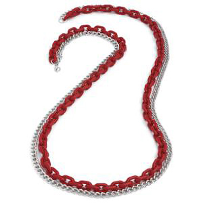Long Red Plastic & Silver Metal Chain Necklace - 88cm Length