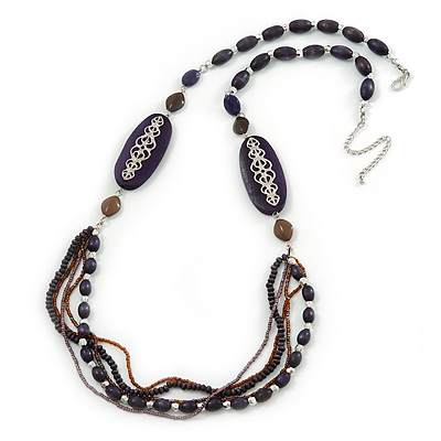 Long Handmade Style Deep Purple Wood, Glass Bead Necklace In Silver Tone Finish - 82cm Length/ 8cm Extension
