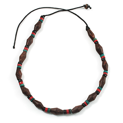 Unisex Brown/ Green, Red Wood Bead Necklace - 40cm Length