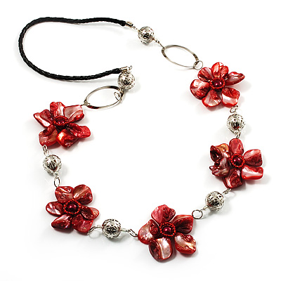 Red Shell Floral Leather Cord Long Necklace -78cm Length