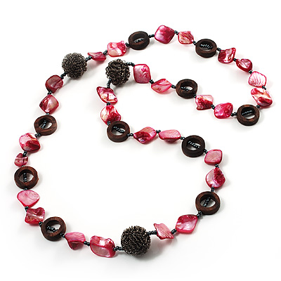 Magenta Shell Composite, Wood Ring & Metal Wire Bead Long Necklace - 84cm Length - main view