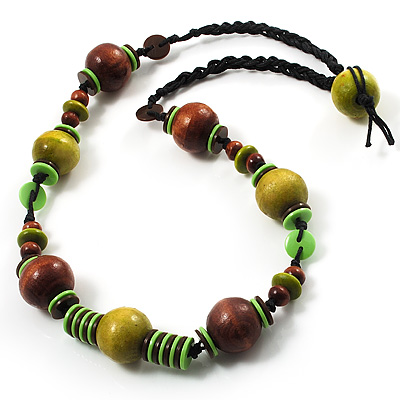 Olive Green & Brown Wood Bead Cord Necklace - 56cm - main view