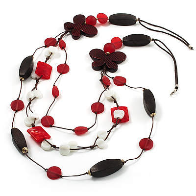 3-Strand Butterfly Cord Necklace (Red, Burgundy, White & Brown) - 90cm
