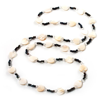White Heart Shell & Bead Long Necklace - 100cm Length