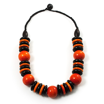 Chunky Beaded Cotton Cord Necklace (Black & Orange) - 64cm L