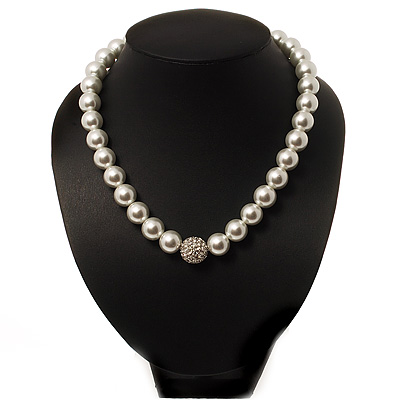 Snow White Glass Imitation Pearl Crystal Choker Necklace (Silver Tone Metal)