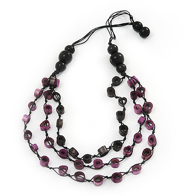 Long Multistrand Purple/Black Wood Bead Cotton Cord Necklace - 80cm Length