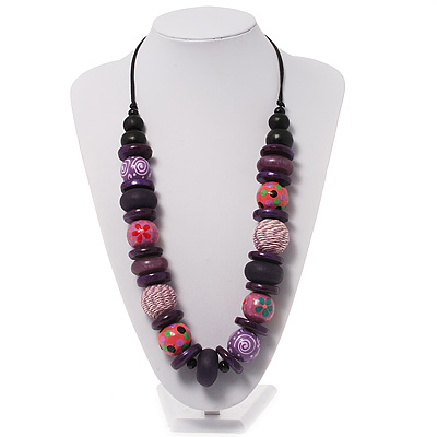 Chunky Purple Wood Beaded Cotton Cord Necklace - 66cm Length