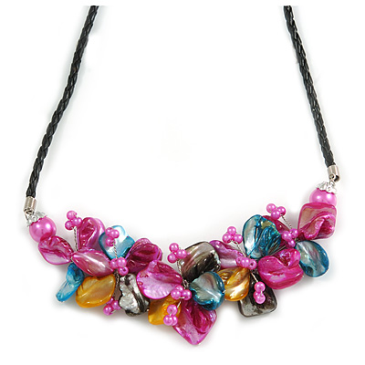 Stunning Hot Pink/Antique Yellow/Light Blue Shell-Composite Leather Cord Necklace - 44cm Length
