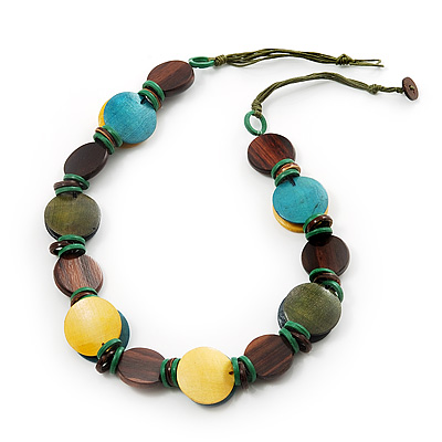 Button Shape Wood Olive Cotton Cord Necklace (Teal, Green, Brown & Yellow) - 62cm Length