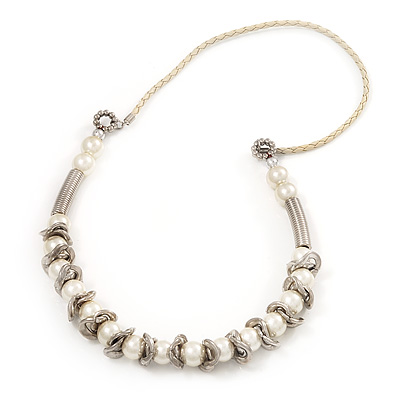 Simulated Pearl & Link White Leather Style Necklace In Silver Plated Metal - 64cm Length
