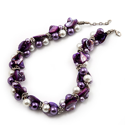 Exquisite Faux Pearl & Shell Composite Silver Tone Link Necklace (Purple & White) - 44cm L/ 3cm Ext