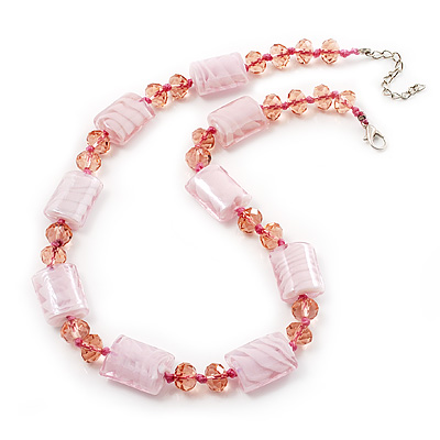 Light Pink Glass & Crystal Necklace (Silver Tone Finish) - 44cm Length (4cm Extender)