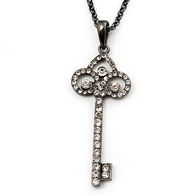 Gun Metal Diamante Key Charm Pendant Necklace - 68cm Length
