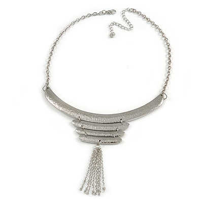 Silver Tone Hammered Bib Style Tassel Necklace - 38cm Length