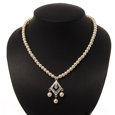 Classic Light Cream Faux Pearl Bead Diamante Necklace - 40cm Length