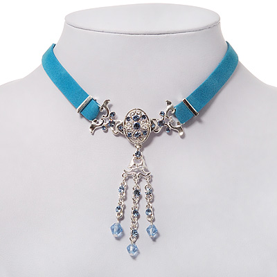 Victorian Light Blue Suede Style Diamante Choker Necklace In Silver Tone Metal - 34cm Length with 5cm extension