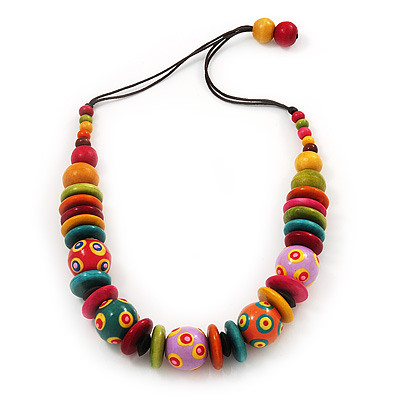 Chunky Multicoloured Wood Beaded Cotton Cord Necklace - 70cm Length
