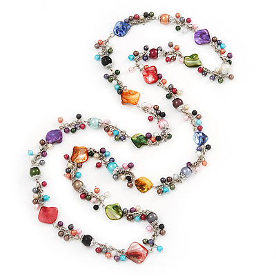 Multicoloured Shell & Imitation Pearl Bead Long Necklace - 134cm Length