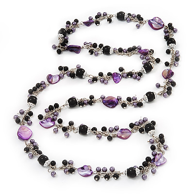 Purple Shell & Black Imitation Pearl Bead Long Necklace - 140cm Length