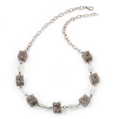 Wired Cube & Glass Bead Modern Necklace In Silver Plated Metal - 56cm Length