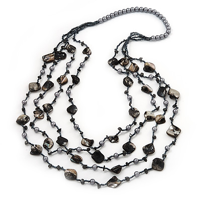 Long Multistrand Black Shell & Simulated Pearl Necklace - 96cm Length