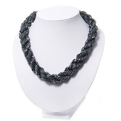 Pewter Glass Bead Twisted Choker Necklace - 40cm Length