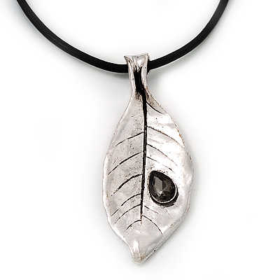 Large Silver Plated 'Leaf' Pendant On Leather Cord - 40cm Length (7cm extender) - main view
