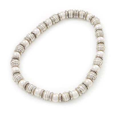 Light Cream Imitation Pearl Bead & Silvertone Metal Ring Stretch Choker Necklace