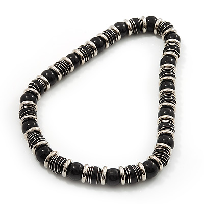 Black Ceramic Bead & Silvertone Metal Ring Stretch Choker Necklace - main view