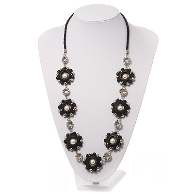 Long Silver/Black Plastic Floral Necklace On Leather Style Cord - 70cm Length