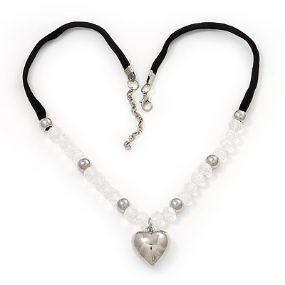 Transparent Glass/Metal Beaded 'Heart' Pendant Necklace On Velour Ribbon - 46cm Length (with 5cm extension