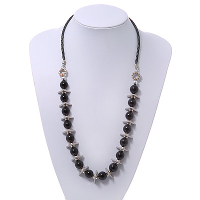 Black Glass Bead Leather Style Cord Necklace - 64cm Length