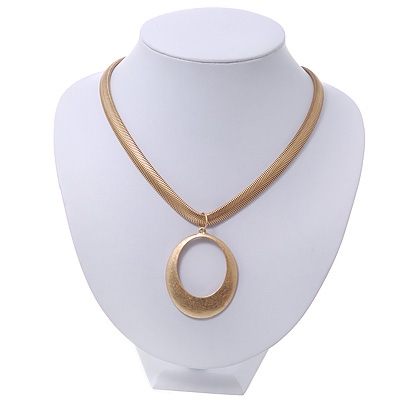 Brushed Gold Plated 'Oval' Pendant Necklace - 40cm Length/ 7cm Extension