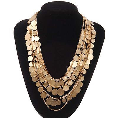 Multistrand 'Coin' Style Necklace In Brushed Gold Metal - 60cm Length/ 7cm Extension